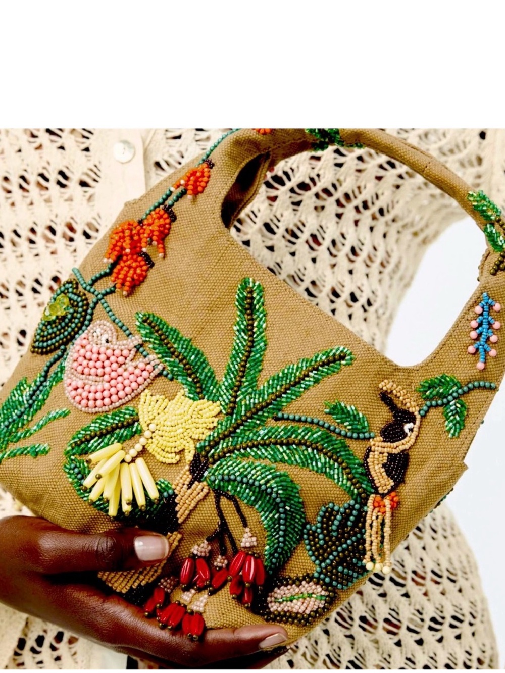 Zara Beaded Mini Bucket Bag Canvas Jungle Tropical Animal - Tan